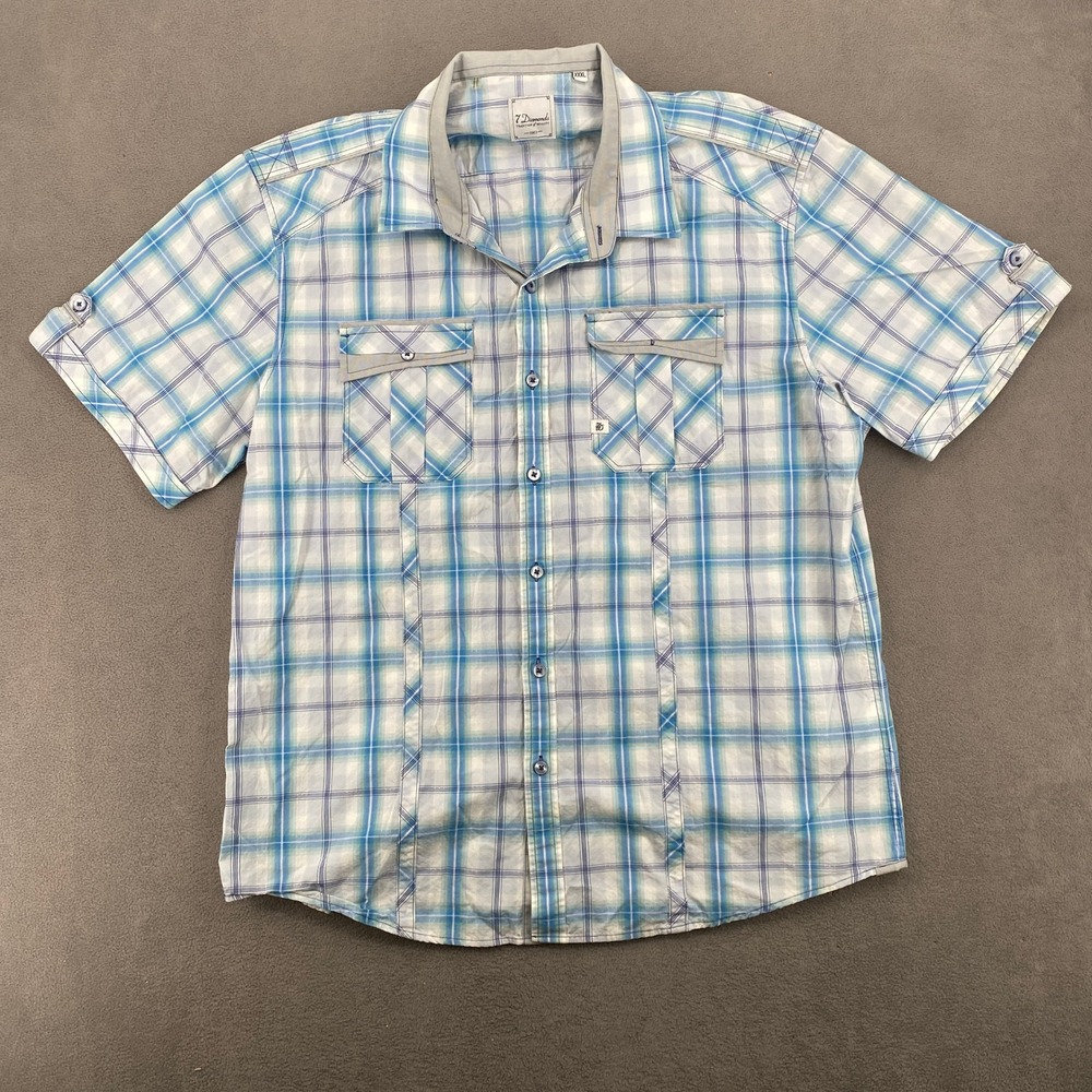 7 Diamonds Mens XXXL Blue White Plaid Short Sleeve Button Down Shirt Pockets
